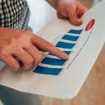 Dłonie analizujące papierowy wykres słupkowy z danymi sprzedażowymi